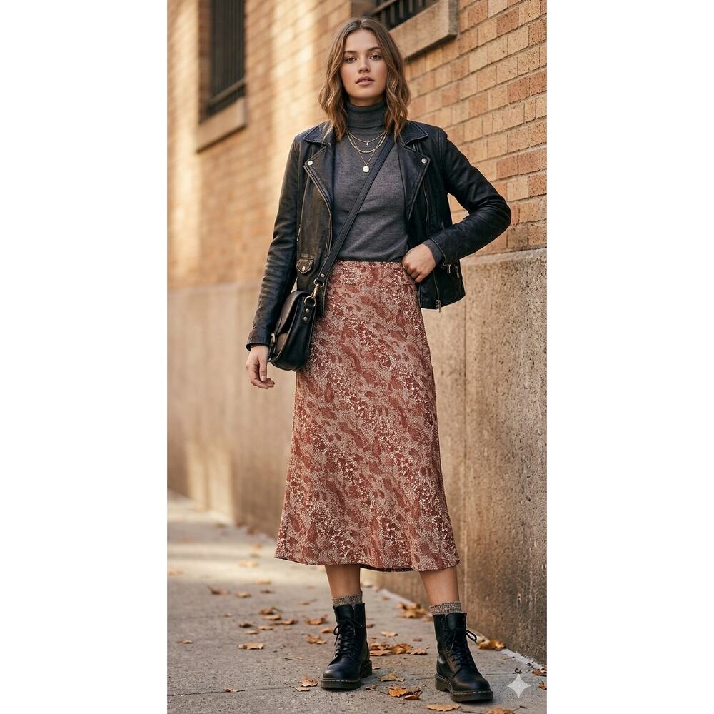 Free People Normani Snakeskin Satin Bias Slip Midi Skirt Rust Cream Size 10
